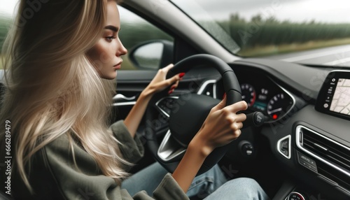 Close-up of a young Caucasian woman with blonde hair, focused on the road, hands gripping the steering wheel of a modern car. © Mustafa