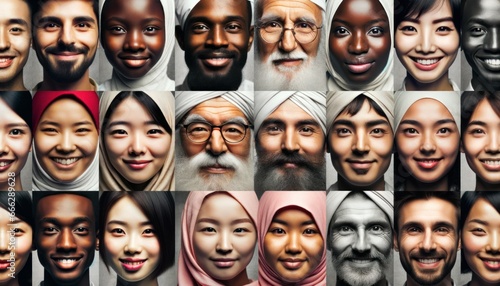 Close-up photo of a collection of faces from multiple ethnic backgrounds