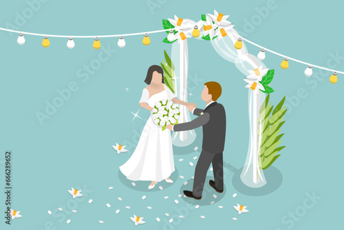 3D Isometric Flat Vector Illustration of Wedding, Married Couple with Floral Decoration