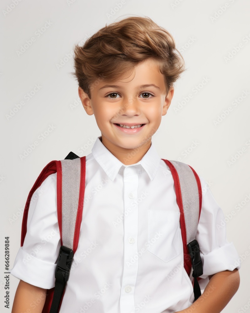 Small boy in school uniform with backpack in front of white background Small boy in school uniform with backpack in front of white background
