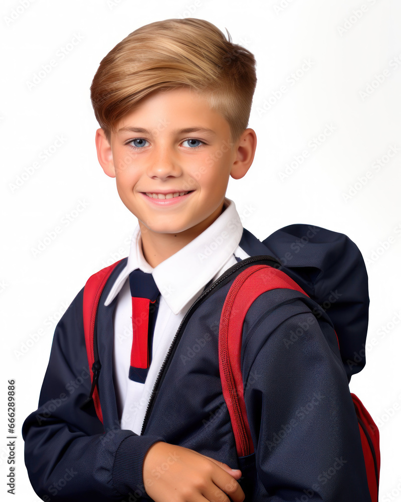 Small boy in school uniform with backpack in front of white background Small boy in school uniform with backpack in front of white background
