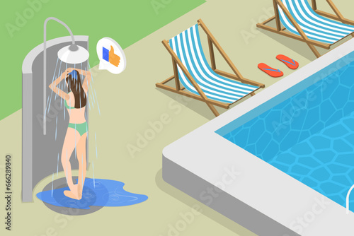 3D Isometric Flat Vector Illustration of Swimming Pool Shower, Summer Vacations and Seaside Relax
