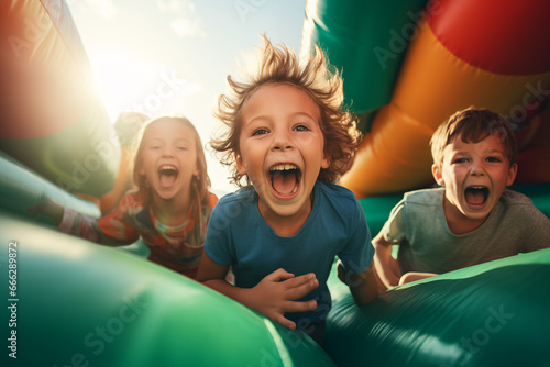 Lachende Kinder haben Spaß auf Hüpfburg photo