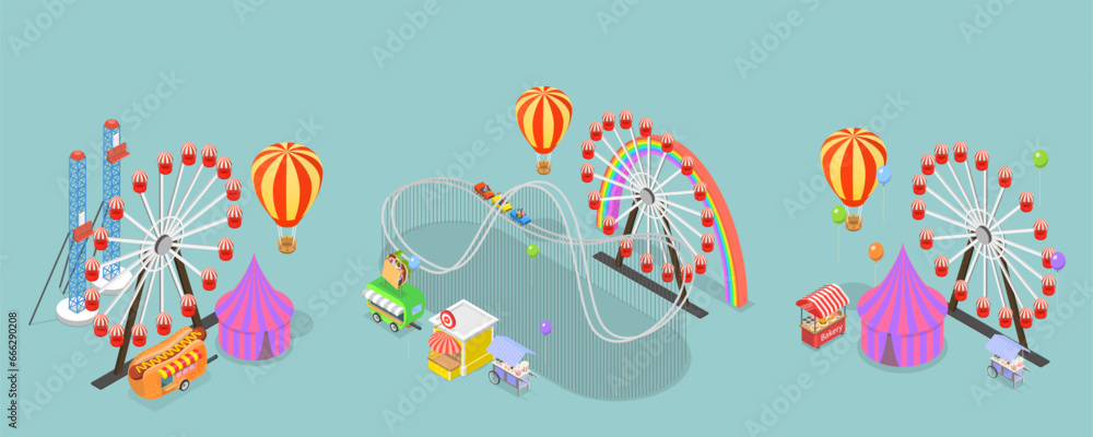 3D Isometric Flat Vector Set of Amusement Parks, Observation Wheel, Roller Coaster