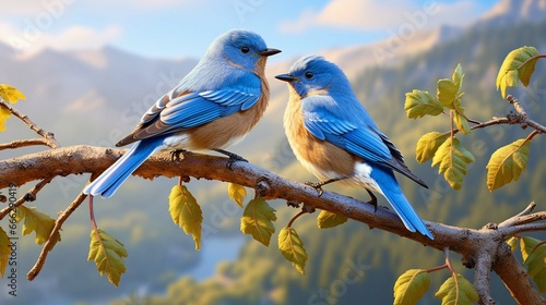 3d rendering two blue bird on branch