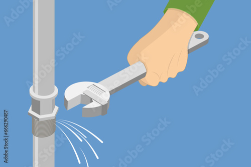 3D Isometric Flat Vector Illustration of Professional Plumber, Fixing Leak of Water Pipe