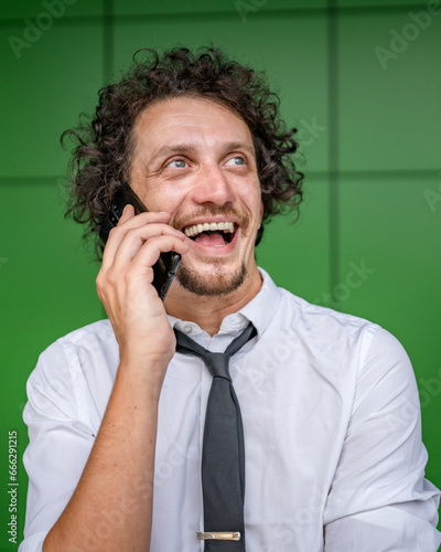 man businessman wear shirt use mobile phone smartphone make call talk photo