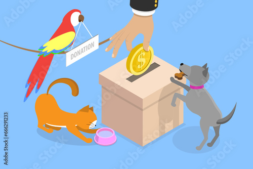 3D Isometric Flat Vector Illustration of Pet Donation, Feeding Homeless Dogs and Cats