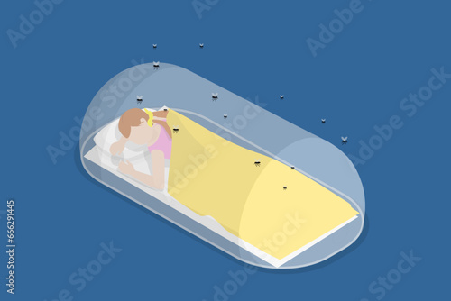 3D Isometric Flat Vector Illustration of Sleeping Net, Mosquitoes Protection