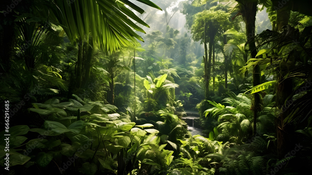 Bathed in the warmth of sunlight, the rainforest teems with green vitality, showcasing a vibrant, thriving ecosystem and lush, diverse greenery. Created using Generative AI technology.