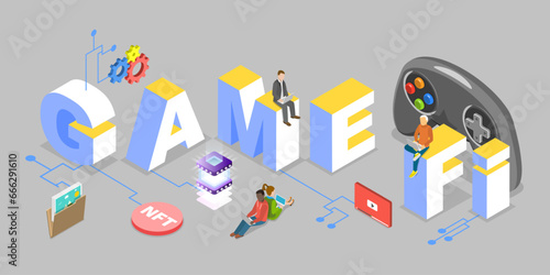 3D Isometric Flat Vector Illustration of Gamefi , Play to Earn Technology