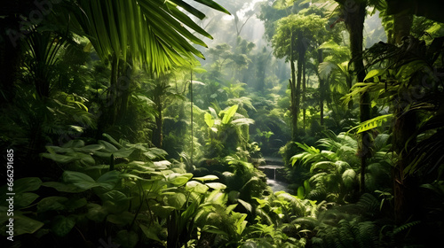 Bathed in the warmth of sunlight  the rainforest teems with green vitality  showcasing a vibrant  thriving ecosystem and lush  diverse greenery. Created using Generative AI technology.