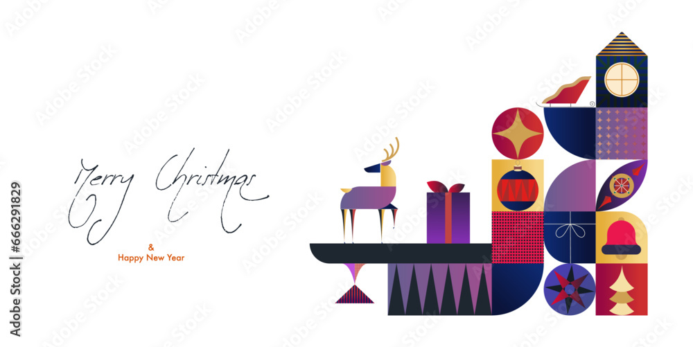 Obraz premium Merry Christmas and Happy New Year greeting cards. Xmas Design with beautiful geometric background. Vector illustration concept for invitation, website banner, social media, marketing material.