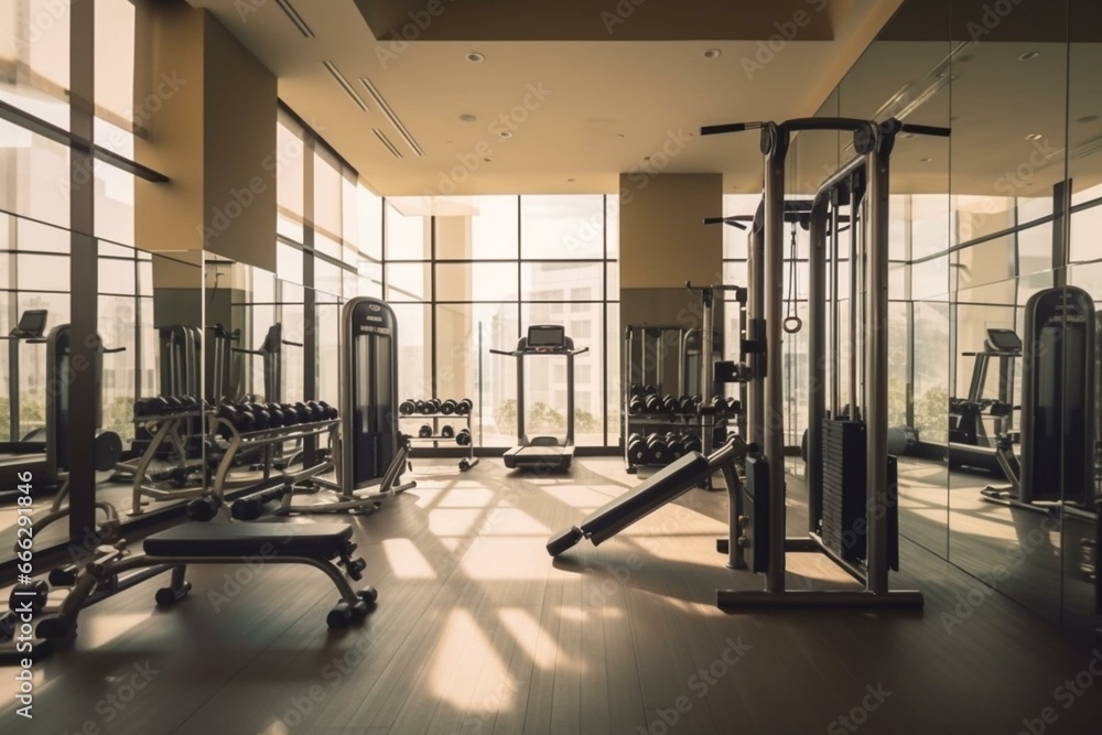 A gym area equipped with exercise equipment and weights. Generative AI