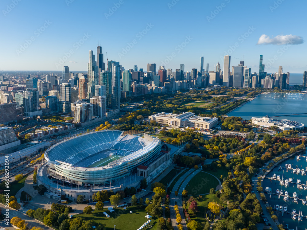 Fototapeta premium Areial view of Soldier Field with Chicago skiline