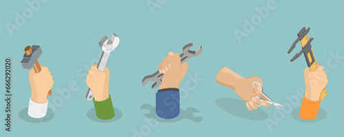 3D Isometric Flat Vector Illustration of Hands Of Repair Workers, DIY and Work Tools
