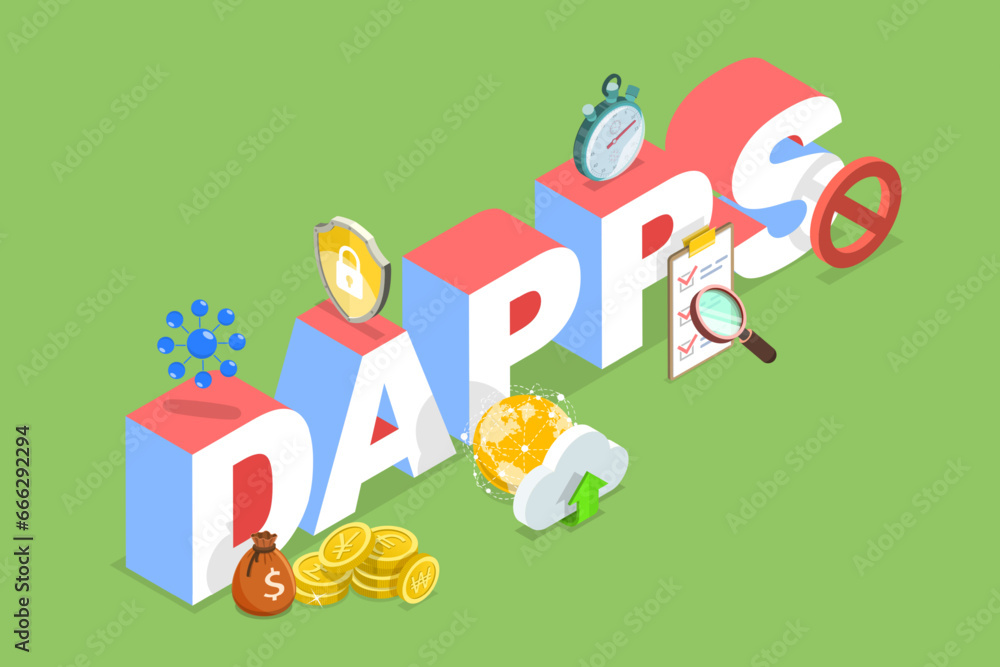 Fototapeta premium 3D Isometric Flat Vector Illustration of DAPPS, Decentralized Application, Blockchain Technology