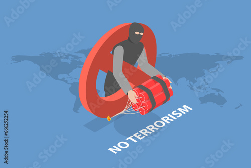 3D Isometric Flat Vector Illustration of No Terrorism, Stop Extremism