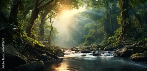 amazon rainforest with tropical vegetation, a creek runs through a mysterious jungle, a mountain stream in a lush green valley photo