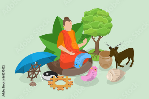 3D Isometric Flat Vector Illustration of Traditional Spiritual Indian Symbols, Buddhism and Yoga
