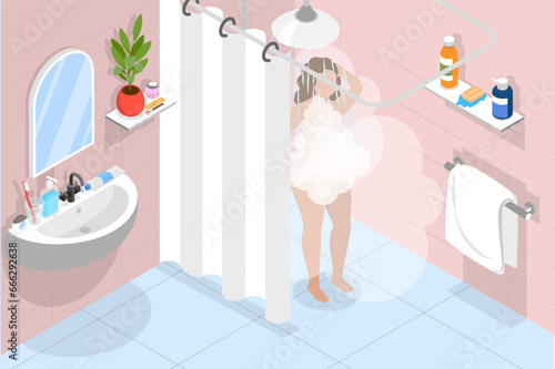3D Isometric Flat Vector Illustration of Everyday Hygiene Procedure, Woman Washing at Bath
