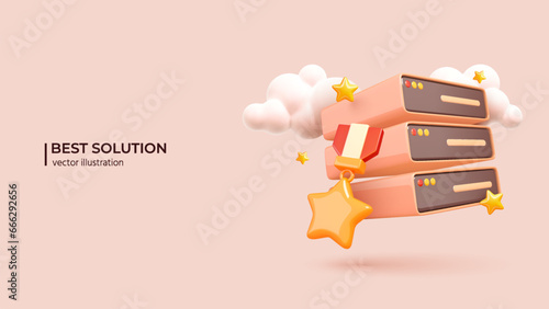 SaaS - Server as a Service. 3D Concept. Realistic 3d design of Futuristic Server with Clouds and Stars. Network computing technologies. Vector illustration