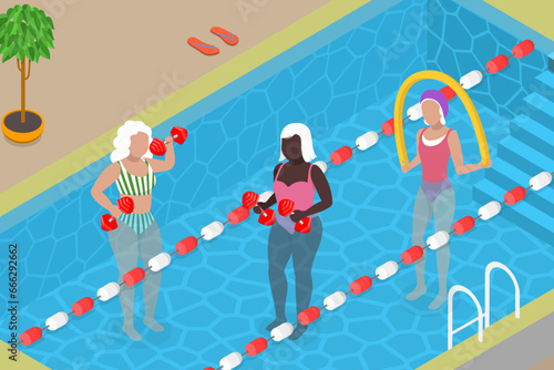 3D Isometric Flat Vector Illustration of Seniors Swimming in a Pool, Hydrotherapy