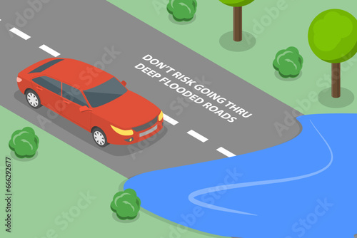 3D Isometric Flat Vector Illustration of Its Risky to Go Thrugh Flooded Road, Driving Tips And Rules
