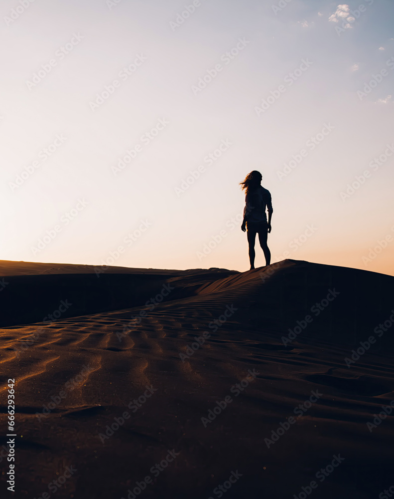 Woman walking in desert at sunset