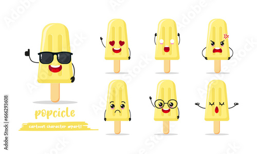 cute ice cream cartoon with many expressions. popsicle character different activity pose vector illustration flat design set with sunglasses.