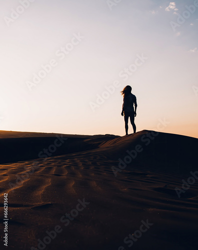 Woman walking in desert at sunset