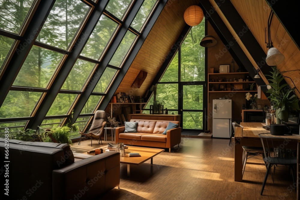 Photo & Art Print Interior of a modern A-frame cabin in the woods ...