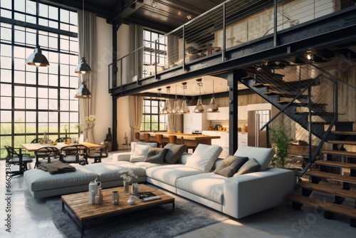 Interior of a modern loft in a city.