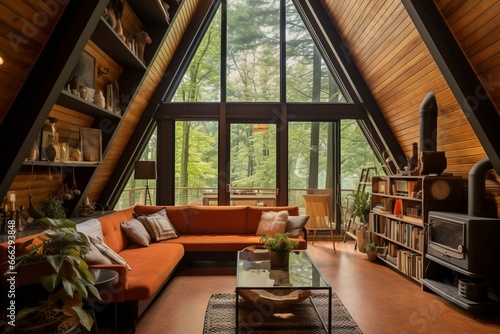 Interior of a modern A-frame cabin in the woods.  photo