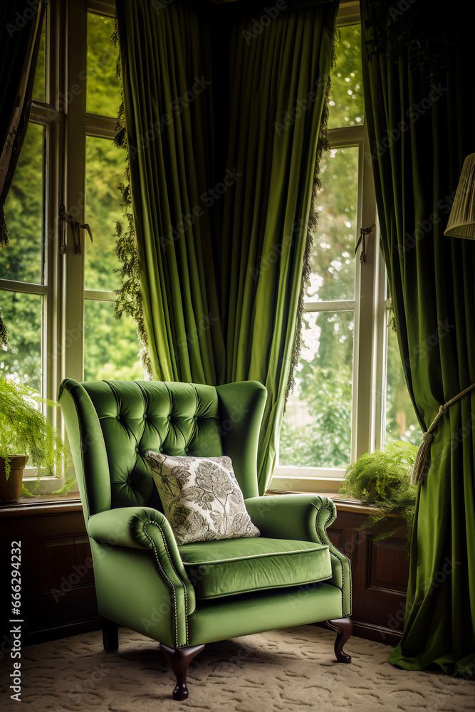 Green wingback chair near window. Classic home interior design of living room. Design idea