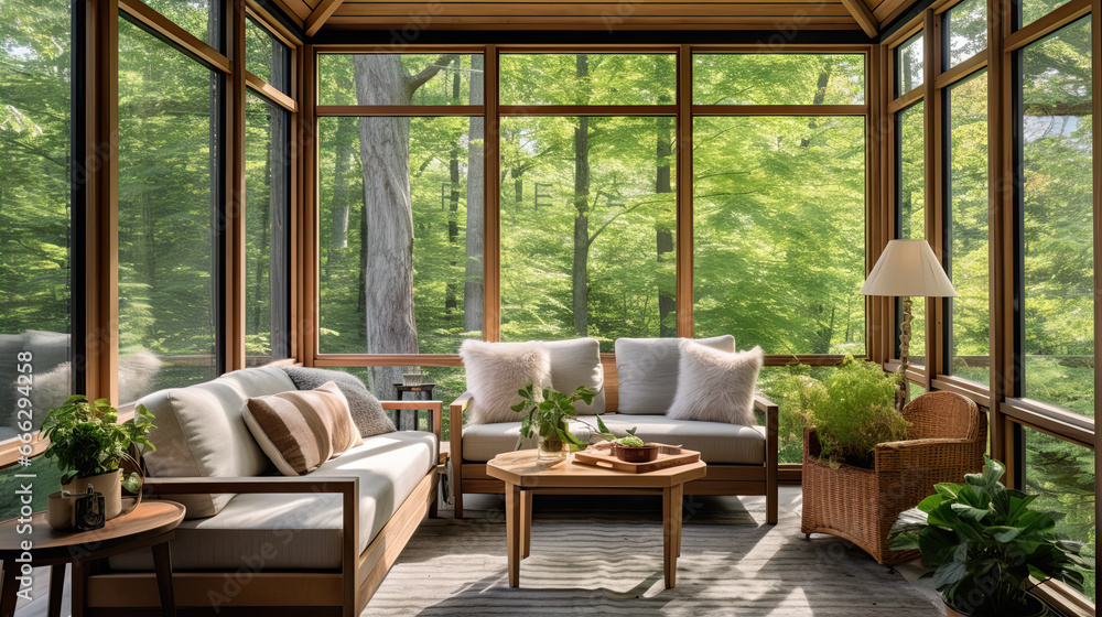 Contemporary screened porch with outdoor seating, forest scenery in summer.