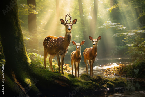 Deep within the wilderness of the forest, a deer family thrives. The dappling sunbeams cocoon their happiness. Concepts in harmony with Earth Day, the environment, nature, and wildlife.