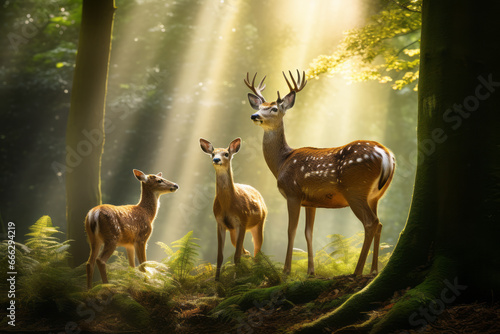 Within the vast forest of nature, a deer family makes their home. The dappled sunlight brings happiness to the family. Concepts aligned with Earth Day, the environment, nature, and animals.