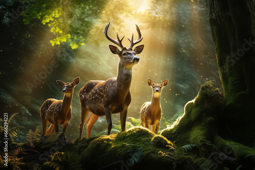 The deer family lives in the heart of the natural forest. The dappled sunlight envelops their happiness. Earth Day and concepts suitable for the environment, nature, and animals.