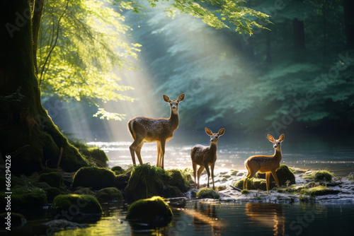 In the midst of the unspoiled woodland, a deer family finds its abode. Speckled sunlight envelops their happiness. A concept that aligns with Earth Day, the environment, nature, and animals.