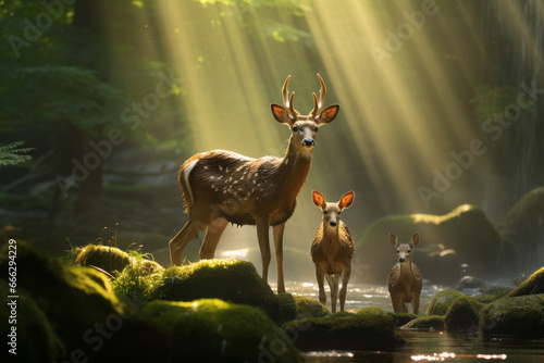 The deer family thrives in the untouched forest of nature. The speckled sunlight surrounds their happiness. A concept well-suited for Earth Day, the environment, nature, and animals.