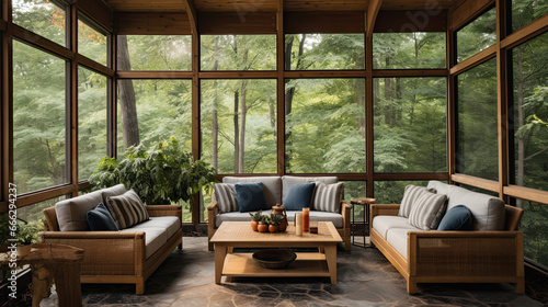 Contemporary screened porch with outdoor seating, forest scenery in summer. photo