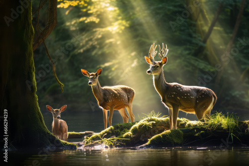 In the vast forest of nature, a deer family makes its home. Dappled sunlight embraces their joy. A concept that aligns with Earth Day, the environment, nature, and animals.