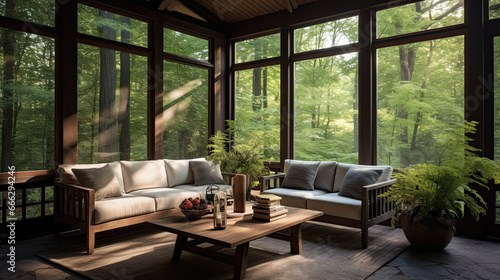 Contemporary screened porch with outdoor seating, forest scenery in summer. © Ziyan Yang