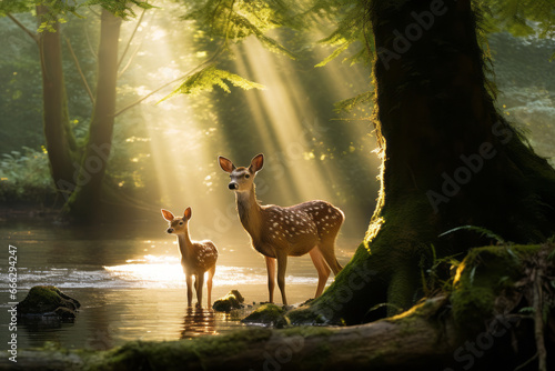 The deer family resides in the heart of the natural forest. The dappled sunlight envelops their happiness. A concept suited for Earth Day, the environment, nature, and animals.