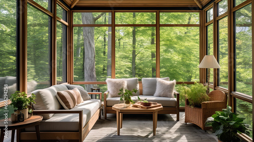 Contemporary screened porch with outdoor seating, forest scenery in summer. photo