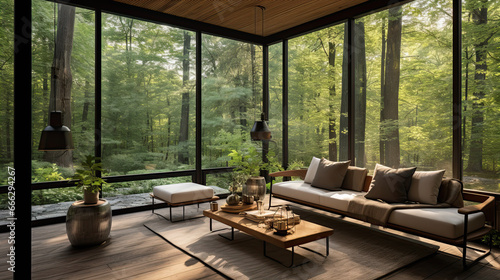 Contemporary screened porch with outdoor seating, forest scenery in summer.