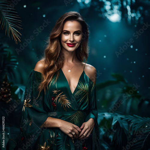 Captivating Christmas Elegance: Attractive Young Lady Amidst a Fantastic Holiday Scene
