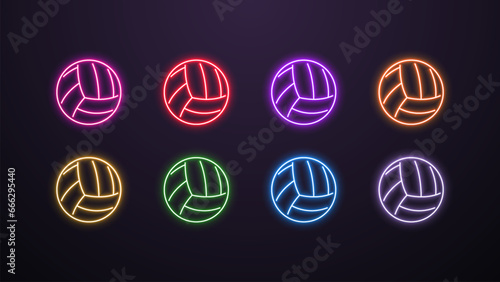 A set of bright shiny icons of volleyball balls in the colors blue, yellow, orange, red, green, white, purple and pink on a dark background. Logo on the theme of sports.