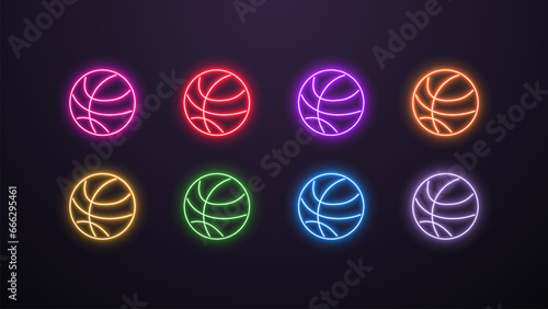 A set of neon icons with a basketball ball in different colors on a dark background.